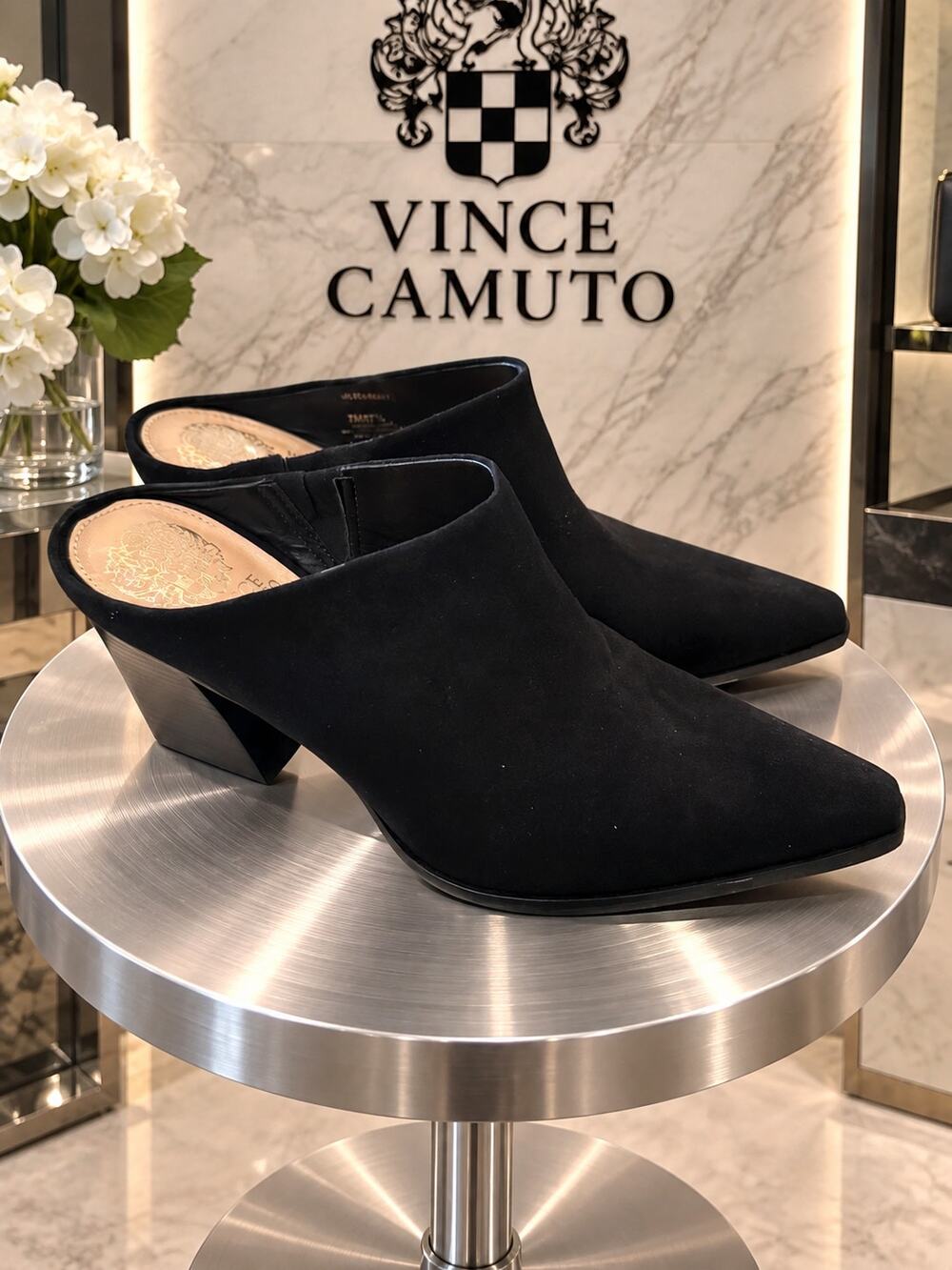Vince Camuto Egwenny Black Suede Pointed Toe Block Heel Mules Size 7M